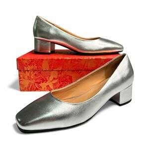 Silver Matte Leather Square Toe Slip On Pumps Chunky Low Heel 1.5 SIze 9.5